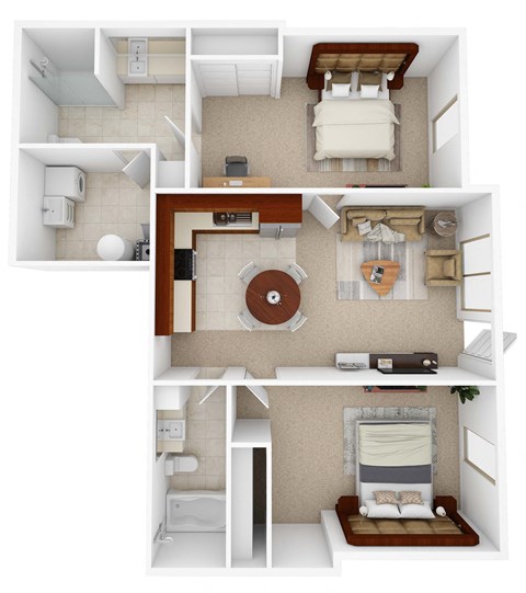Floor plan for 2 beds, 2 baths, 991 sqft